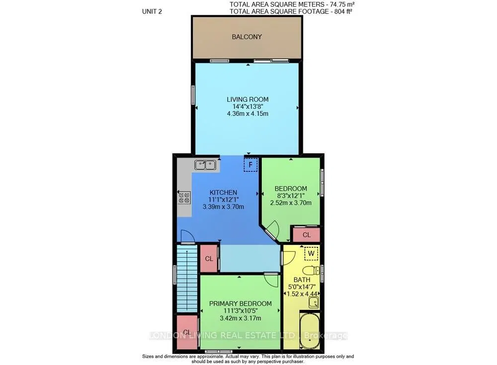Upper apartment layout - 2 bedroom London Ontario rental unit floorplan